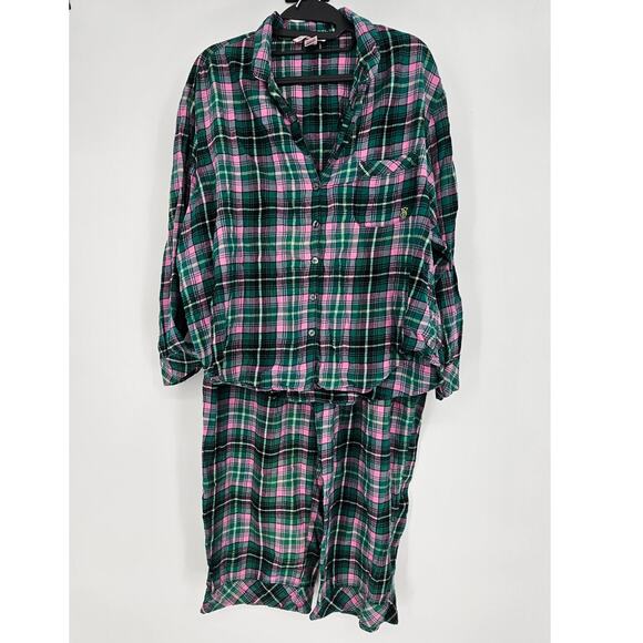 Victoria’s Secret Green Pink Plaid Flannel Two Piece Long Sleeve Pajama Set XL - Picture 1 of 12